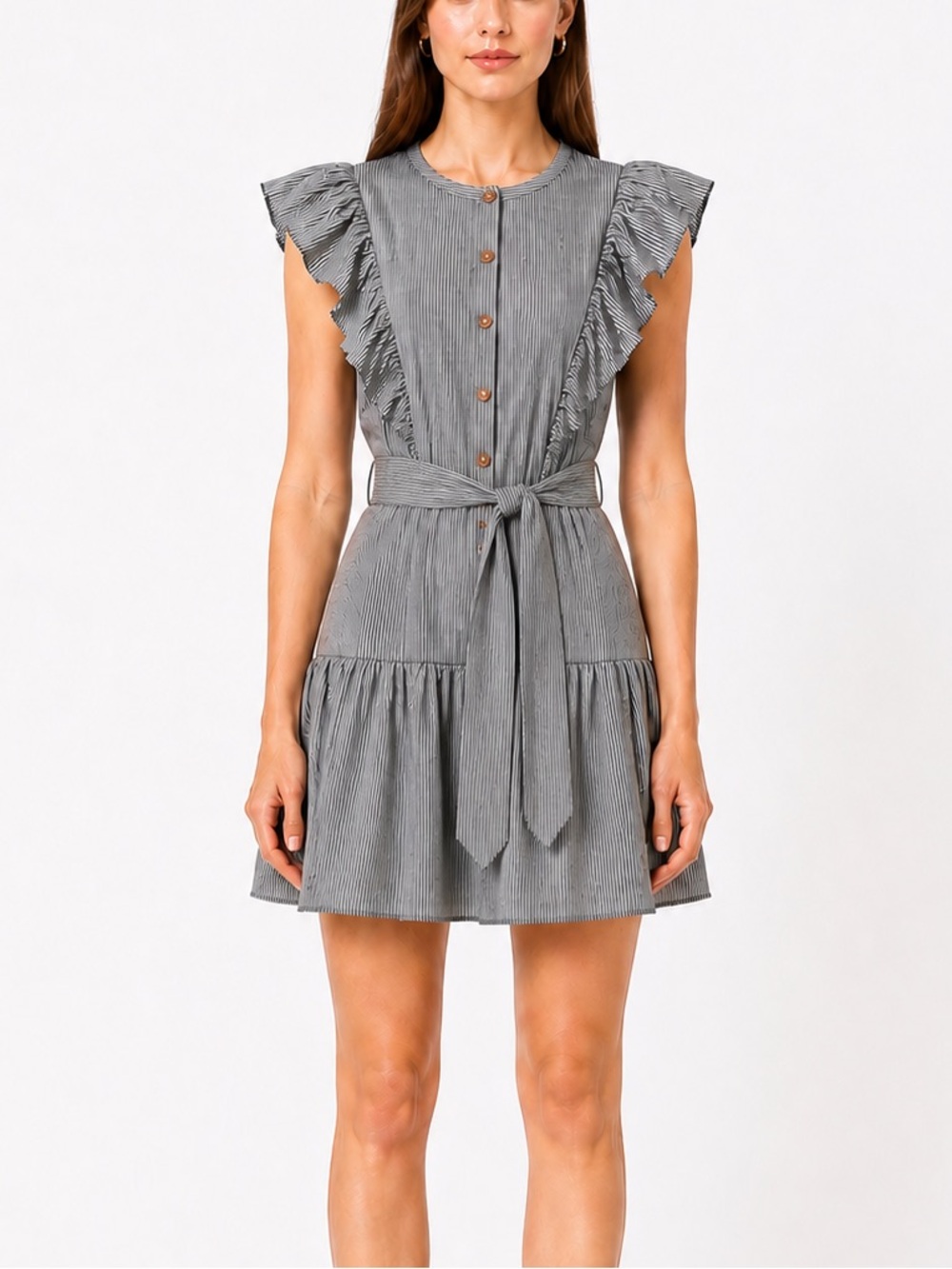 SAYLOR Striped Mini Dress Ruffle Sleeve Belted A-Line Gray Cottagecore Preppy L